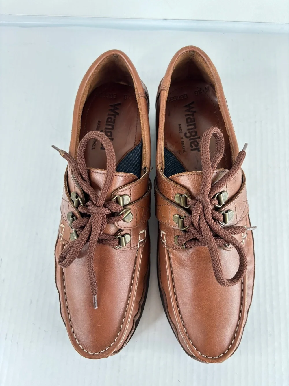Wrangler Brown Leather Boat Shoes Mens 9.5 M Rugged Sole Crafted in Brazil NEW!